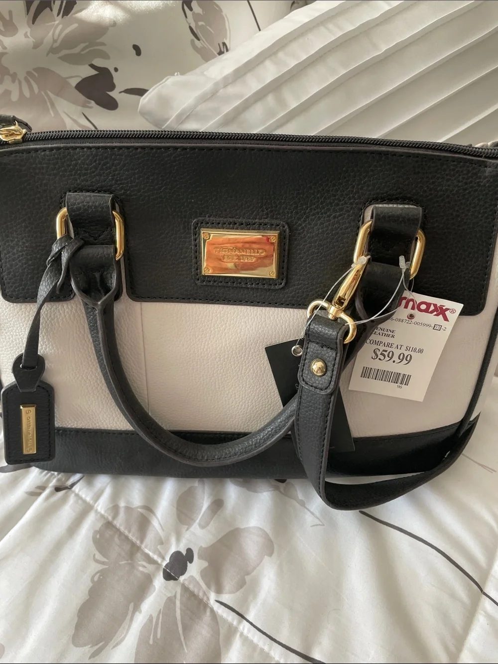 Tignanello Black and White Two-Tone Satchel with Gold Hardware